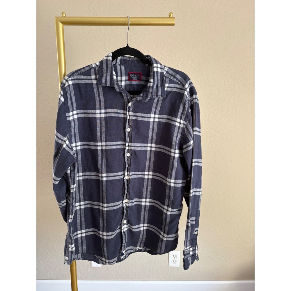UNTUCKit Mens L Shirt Navy Blue Plaid 100% Linen Wrinkle Resistant Button Down